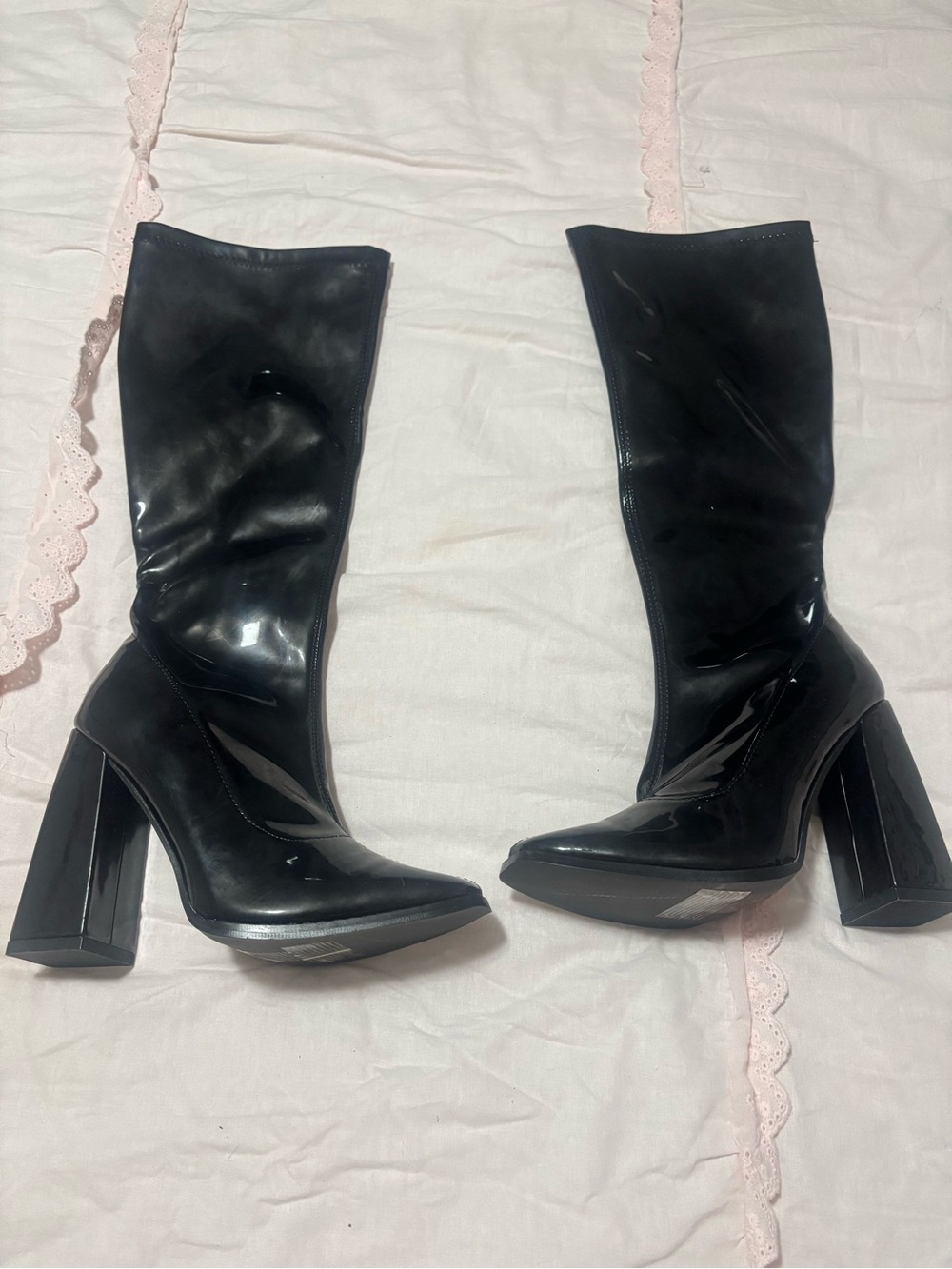Black High Shine Mid-Calf Block Heel Boots - Women's